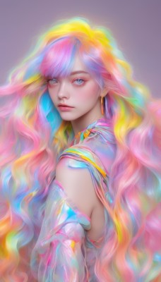 1girl,solo,long hair,looking at viewer,bangs,blue eyes,blonde hair,simple background,bare shoulders,jewelry,very long hair,closed mouth,blue hair,upper body,pink hair,multicolored hair,earrings,detached sleeves,from side,lips,see-through,gradient,gradient background,eyelashes,makeup,wavy hair,eyeshadow,purple background,pink lips,multicolored eyes,realistic,nose,colorful,rainbow gradient,rainbow hair,looking back,orange hair,gradient hair,heterochromia,expressionless