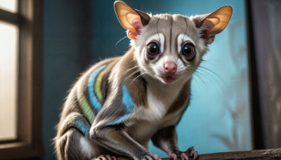 HQ,solo,looking at viewer,indoors,blurry,black eyes,dutch angle,no humans,window,blurry background,animal,cat,realistic,animal focus,mouse,whiskers,closed mouth,standing,full body,claws