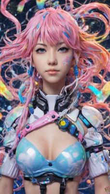 1girl,solo,long hair,breasts,looking at viewer,bangs,blue eyes,cleavage,jewelry,medium breasts,closed mouth,blue hair,upper body,pink hair,short sleeves,multicolored hair,earrings,mole,lips,tattoo,makeup,floating hair,realistic,nose,midriff,expressionless,science fiction,bubble,cyberpunk