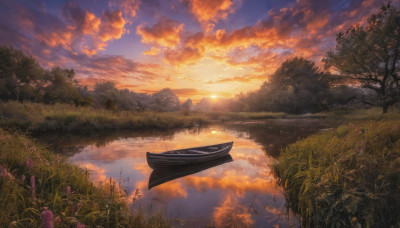 flower, outdoors, sky, cloud, water, tree, no humans, cloudy sky, grass, nature, scenery, reflection, sunset, watercraft, river, boat, landscape, lake