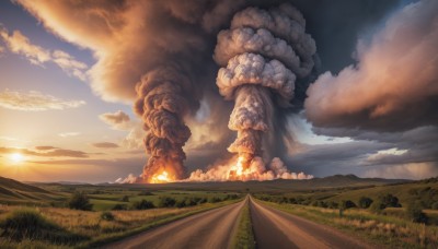 outdoors,sky,cloud,tree,no humans,cloudy sky,grass,fire,scenery,smoke,sunset,mountain,sun,field,explosion,landscape,burning,monster