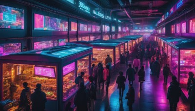 short hair,multiple girls,standing,multiple boys,indoors,bag,night,6+girls,scenery,science fiction,6+boys,city,sign,crowd,shop,city lights,cyberpunk,train station,neon lights,long hair,jacket,hood,backpack,dark