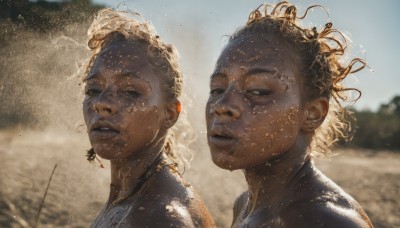 1girl,looking at viewer,short hair,multiple girls,blonde hair,2girls,jewelry,outdoors,parted lips,day,blurry,lips,blurry background,messy hair,portrait,curly hair,realistic,dirty,dirty face,dark skin,necklace,dark-skinned female,half-closed eyes,sunlight