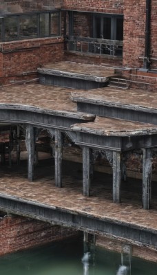 outdoors,water,tree,no humans,building,scenery,reflection,stairs,railing,bridge,indoors,window,chair,table,door,brick wall