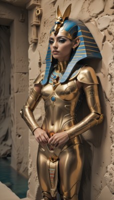 1girl,solo,breasts,blue eyes,black hair,navel,jewelry,standing,earrings,small breasts,dark skin,nail polish,armor,dark-skinned female,lips,covered navel,makeup,ring,lipstick,realistic,nose,headdress,against wall,egyptian,egyptian clothes,gorget,gold armor,ankh,eye of horus,looking at viewer,shiny,black eyes,skin tight,shiny clothes