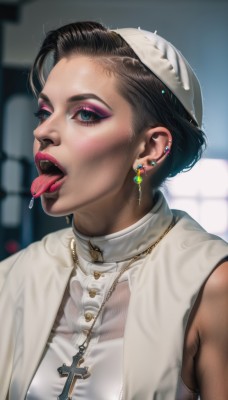 1girl,solo,breasts,looking at viewer,short hair,open mouth,blue eyes,black hair,hat,jewelry,medium breasts,upper body,earrings,teeth,sleeveless,tongue,tongue out,necklace,blurry,lips,see-through,eyelashes,saliva,makeup,blurry background,white headwear,piercing,cross,lipstick,ear piercing,forehead,eyeshadow,realistic,nose,nurse cap,red lips,cross necklace,mascara,tongue piercing,eyebrow piercing,nun,cross earrings,latin cross