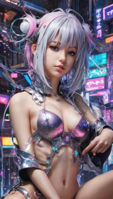 1girl,solo,breasts,looking at viewer,short hair,bangs,blue eyes,hair ornament,navel,cleavage,bare shoulders,medium breasts,sitting,swimsuit,pink hair,white hair,bikini,multicolored hair,small breasts,parted lips,two-tone hair,lips,double bun,science fiction,realistic,android,cable,cyborg,cyberpunk,holographic interface,jacket,grey hair,open clothes,off shoulder,stomach,hair bun,open jacket,headgear,watermark,revealing clothes,web address,neon lights,hologram