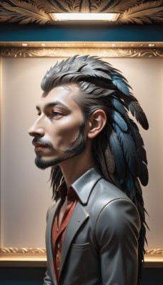 solo,long hair,blue eyes,shirt,black hair,hair ornament,long sleeves,1boy,jacket,upper body,grey hair,male focus,parted lips,necktie,teeth,collared shirt,indoors,vest,from side,black jacket,profile,facial hair,formal,suit,feathers,red necktie,red shirt,beard,realistic,mustache,old,old man,closed mouth,multicolored hair,lips,nose,feather hair ornament,looking afar,picture frame,dreadlocks