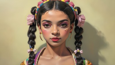 1girl,solo,long hair,looking at viewer,blush,smile,black hair,hair ornament,ribbon,brown eyes,jewelry,closed mouth,collarbone,braid,earrings,black eyes,twin braids,lips,eyelashes,makeup,shadow,lipstick,portrait,forehead,eyeshadow,realistic,red lips,mascara,multi-tied hair,multiple braids,twintails,flower,hair flower,dark skin