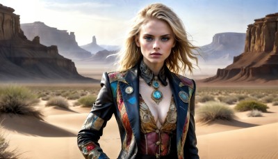 HQ,1girl,solo,long hair,breasts,looking at viewer,blue eyes,blonde hair,long sleeves,cleavage,jewelry,medium breasts,jacket,upper body,earrings,outdoors,open clothes,sky,day,necklace,open jacket,lips,makeup,grass,lipstick,brooch,wind,gem,corset,mountain,realistic,badge,dirty,landscape,desert,large breasts,parted lips,cloud,blue sky,scenery,sand,cliff