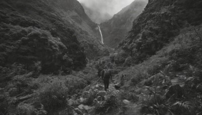 solo,1boy,hat,holding,standing,monochrome,weapon,greyscale,male focus,outdoors,sword,from behind,holding weapon,holding sword,nature,scenery,1other,rock,mountain,wide shot,ambiguous gender,sky,cloud,halo,cloudy sky,grass