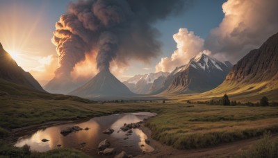 outdoors,sky,day,cloud,water,tree,blue sky,no humans,sunlight,cloudy sky,grass,nature,scenery,smoke,reflection,sunset,rock,mountain,sun,river,landscape,mountainous horizon,road