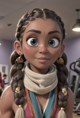 1girl,solo,long hair,breasts,looking at viewer,smile,blue eyes,brown hair,black hair,cleavage,bare shoulders,twintails,jewelry,upper body,braid,earrings,small breasts,parted lips,sleeveless,solo focus,indoors,dark skin,scarf,blurry,black eyes,twin braids,dark-skinned female,lips,eyelashes,depth of field,blurry background,thick eyebrows,hair over shoulder,forehead,freckles,nose,ceiling,ceiling light,multiple braids,hair ornament,teeth,vest,tank top,backlighting,red vest,biting,lip biting