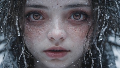 1girl,solo,looking at viewer,brown hair,black hair,brown eyes,parted lips,teeth,water,blurry,lips,wet,eyelashes,portrait,close-up,freckles,water drop,realistic,nose,eye focus,short hair,open mouth,bangs,mole,depth of field,blurry background,reflection,straight-on,mole on cheek