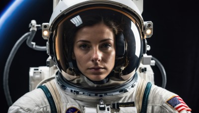 1girl,solo,looking at viewer,brown hair,black hair,1boy,closed mouth,upper body,male focus,black eyes,lips,helmet,portrait,reflection,realistic,space,straight-on,planet,dirty,earth (planet),american flag,spacesuit,space helmet,astronaut,brown eyes,sweat,parted lips,blurry,science fiction,wide-eyed,dirty face,japanese flag,united states