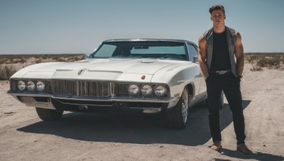 solo,short hair,brown hair,shirt,black hair,1boy,standing,jacket,male focus,outdoors,shoes,sleeveless,pants,dark skin,vest,black shirt,tattoo,shadow,brown footwear,black pants,dark-skinned male,ground vehicle,motor vehicle,personification,black vest,realistic,hands in pockets,car,undercut,vehicle focus,sports car,looking at viewer,closed mouth,open clothes,day,belt,looking to the side,muscular,tank top,arm tattoo,black tank top