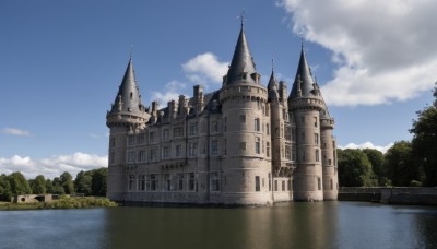 outdoors,sky,day,cloud,water,tree,blue sky,no humans,cloudy sky,grass,building,nature,scenery,forest,reflection,mountain,architecture,river,castle,tower,lake,reflective water,fantasy,bridge,landscape,church