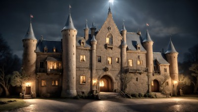 HQ,outdoors,sky,cloud,tree,no humans,window,night,moon,cloudy sky,grass,building,night sky,scenery,stairs,flag,light,road,house,lamppost,bare tree,castle,tower,path,church,fire,nature,forest,light rays,fantasy,candle,dark,architecture,arch