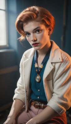 1girl,solo,looking at viewer,short hair,brown hair,shirt,brown eyes,jewelry,sitting,jacket,earrings,open clothes,belt,pants,indoors,necklace,orange hair,blurry,lips,window,makeup,buttons,blurry background,blue shirt,lipstick,buckle,sleeves rolled up,freckles,belt buckle,realistic,nose,red lips,open jacket,pendant,watch,brown belt,brown pants