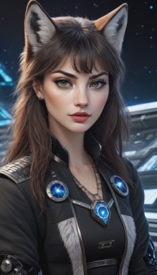 1girl,solo,long hair,breasts,looking at viewer,bangs,brown hair,animal ears,brown eyes,jewelry,closed mouth,jacket,upper body,earrings,cat ears,necklace,lips,black jacket,animal ear fluff,fox ears,eyelashes,makeup,lipstick,gem,extra ears,pendant,freckles,realistic,nose,red lips,space,artist name,wolf ears