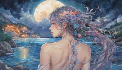 1girl,solo,long hair,blush,hair ornament,bare shoulders,brown eyes,upper body,flower,grey hair,outdoors,parted lips,sky,looking back,cloud,signature,hair flower,water,from behind,tree,lips,tattoo,profile,night,back,looking away,moon,cloudy sky,building,star (sky),night sky,scenery,strap slip,full moon,starry sky,bare back,shoulder blades,river,lake,moonlight,back tattoo,bangs,blue hair,wings,floating hair,mountain