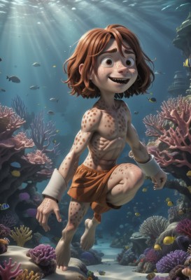 1girl,solo,looking at viewer,smile,short hair,open mouth,brown hair,1boy,navel,brown eyes,nipples,full body,male focus,shorts,barefoot,teeth,muscular,abs,sunlight,pectorals,child,freckles,fish,cuffs,bubble,topless male,light rays,underwater,air bubble,male child,shell,swimming,turtle,freediving,coral,clownfish,artist name,thick eyebrows,sharp teeth,giant,dirty,dirty feet