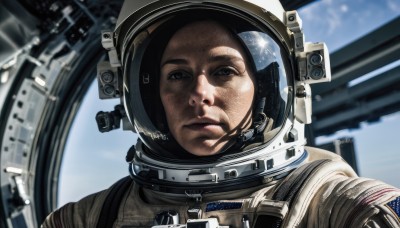 solo,looking at viewer,1boy,closed mouth,upper body,male focus,sky,signature,blurry,black eyes,blurry background,facial hair,helmet,portrait,reflection,science fiction,realistic,space,american flag,spacesuit,astronaut,black hair,brown eyes,serious,planet,earth (planet),space helmet,united states