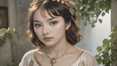 1girl,solo,looking at viewer,short hair,bangs,brown hair,hair ornament,dress,brown eyes,jewelry,closed mouth,collarbone,white shirt,upper body,indoors,necklace,blurry,lips,blurry background,leaf,plant,portrait,freckles,realistic,nose,braid,parted lips,medium hair,eyelashes,depth of field,sunlight,gem