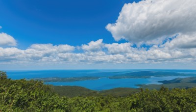 outdoors,sky,day,cloud,water,tree,blue sky,no humans,ocean,cloudy sky,grass,nature,scenery,forest,mountain,horizon,summer,landscape,mountainous horizon,hill,island,beach,plant