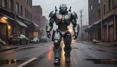 solo,blue eyes,1boy,standing,outdoors,no humans,glowing,robot,ground vehicle,building,mecha,glowing eyes,motor vehicle,walking,science fiction,city,realistic,car,road,police,power lines,street,utility pole,open hands,radio antenna,truck,looking at viewer,sky,solo focus,autobot