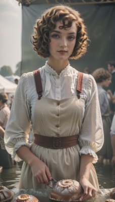 1girl,breasts,looking at viewer,smile,short hair,brown hair,shirt,black hair,long sleeves,dress,holding,brown eyes,closed mouth,standing,food,multiple boys,solo focus,belt,white dress,blurry,lips,buttons,depth of field,blurry background,plate,freckles,curly hair,realistic,nose,fork,brown belt,mole on cheek,solo,blue eyes,white shirt,outdoors,day,water,apron,wavy hair,sunlight,knife,blouse