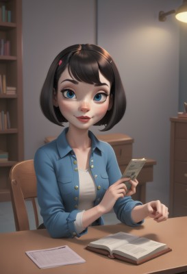 1girl,solo,breasts,looking at viewer,blush,smile,short hair,bangs,blue eyes,brown hair,shirt,black hair,hair ornament,long sleeves,holding,sitting,closed mouth,collarbone,jacket,white shirt,upper body,open clothes,hairclip,artist name,indoors,open jacket,lips,book,eyelashes,makeup,buttons,swept bangs,chair,table,bob cut,thick eyebrows,denim,lipstick,blue jacket,freckles,open book,unbuttoned,bookshelf,red lips,lamp,on chair,money,denim jacket,collared shirt,nail polish,blurry,fingernails,phone,cellphone,smartphone,holding phone,nose