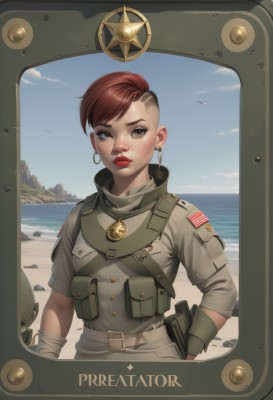 1girl,solo,looking at viewer,short hair,bangs,brown hair,brown eyes,jewelry,closed mouth,upper body,short sleeves,red hair,multicolored hair,earrings,outdoors,sky,day,belt,cloud,water,uniform,two-tone hair,dark-skinned female,blue sky,lips,hand on hip,gun,military,eyelashes,military uniform,makeup,swept bangs,bird,ocean,beach,lipstick,sleeves rolled up,asymmetrical hair,pouch,hoop earrings,nose,sand,horizon,red lips,eyeliner,holster,undercut,american flag,mascara,desert,japanese flag,eyebrow cut,breasts,gloves,jacket,weapon,scar,border,scar on face,pocket,very short hair,shore,medal,world war ii