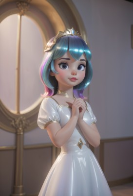 1girl,solo,looking at viewer,smile,short hair,bangs,blue eyes,dress,jewelry,closed mouth,blue hair,standing,pink hair,purple hair,short sleeves,multicolored hair,cowboy shot,small breasts,choker,puffy sleeves,shiny,artist name,indoors,medium hair,white dress,blurry,shiny hair,two-tone hair,puffy short sleeves,lips,grey eyes,hands up,gradient hair,makeup,own hands together,tiara,crown,own hands clasped,princess,blush,window,church