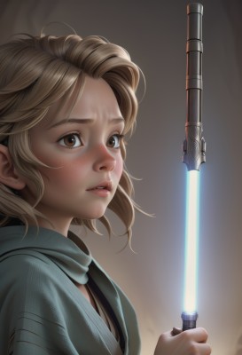 1girl,solo,looking at viewer,short hair,blonde hair,brown hair,brown eyes,upper body,weapon,parted lips,sword,lips,cloak,freckles,science fiction,realistic,nose,energy sword,lightsaber,holding,jewelry,teeth,scarf,from side