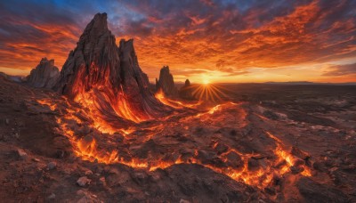 outdoors,sky,cloud,water,dutch angle,no humans,ocean,beach,cloudy sky,fire,scenery,sunset,rock,mountain,sand,sun,horizon,landscape,orange sky,orange theme,cliff,molten rock,red sky