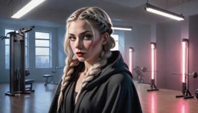 1girl,solo,long hair,looking at viewer,blue eyes,blonde hair,upper body,braid,parted lips,indoors,hood,twin braids,lips,grey eyes,window,makeup,hood down,lipstick,cloak,freckles,reflection,robe,realistic,nose,red lips,gym,collarbone,solo focus,mole,hoodie,parody,hair over shoulder,forehead,eyeshadow,black hoodie,mascara