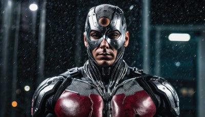 solo,looking at viewer,1boy,closed mouth,upper body,male focus,armor,blurry,bodysuit,night,blurry background,helmet,facing viewer,science fiction,snowing,realistic,manly,superhero,red bodysuit,mask,portrait,straight-on