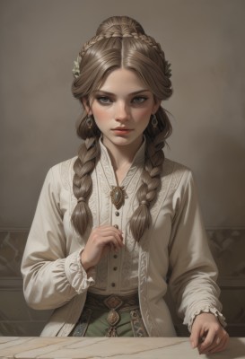 1girl,solo,long hair,looking at viewer,bangs,brown hair,shirt,hair ornament,long sleeves,dress,holding,brown eyes,jewelry,closed mouth,white shirt,upper body,braid,earrings,indoors,twin braids,lips,fingernails,grey eyes,table,brooch,green skirt,gem,hair over shoulder,freckles,paper,realistic,nose,blush,skirt,white dress,mole,parted bangs,buttons,watermark,blouse,mole under mouth