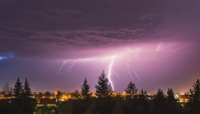 outdoors,sky,cloud,tree,no humans,night,cloudy sky,building,nature,scenery,forest,sunset,city,electricity,cityscape,lightning,landscape,purple sky,grass