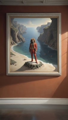 souryuu asuka langley,1girl,solo,long hair,brown hair,shirt,black hair,long sleeves,1boy,standing,jacket,male focus,outdoors,sky,day,pants,cloud,indoors,water,bodysuit,shadow,bird,ocean,beach,scenery,red jacket,reflection,rock,sand,horizon,pilot suit,plugsuit,photo (object),red bodysuit,picture frame,painting (object),shore,looking at viewer,bangs,holding,brown eyes,open clothes,open jacket,red footwear,wide shot,waves,seagull,footprints,island