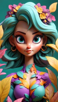 1girl,solo,long hair,breasts,looking at viewer,smile,blue eyes,simple background,hair ornament,cleavage,jewelry,medium breasts,closed mouth,green eyes,collarbone,upper body,flower,earrings,green hair,artist name,hair flower,dark skin,aqua eyes,dark-skinned female,lips,gradient,petals,gradient background,eyelashes,aqua hair,makeup,leaf,plant,lipstick,purple dress,pink flower,eyeshadow,green background,hoop earrings,yellow flower,purple flower,aqua background,dress,small breasts,blurry,backlighting,curly hair