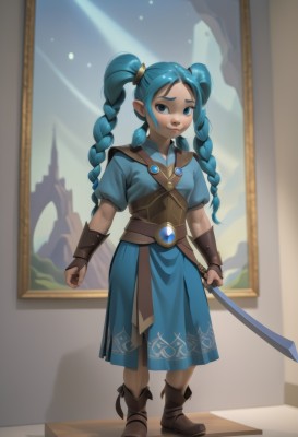 1girl,solo,long hair,breasts,looking at viewer,smile,bangs,blue eyes,skirt,shirt,dress,holding,twintails,closed mouth,blue hair,standing,full body,weapon,braid,short sleeves,boots,pointy ears,puffy sleeves,shiny,belt,sword,artist name,indoors,holding weapon,shiny hair,twin braids,puffy short sleeves,blue skirt,blurry background,blue dress,brown footwear,holding sword,knee boots,aged down,brown belt,child,brown gloves,female child,painting (object)