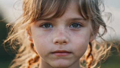 1girl,solo,looking at viewer,bangs,blonde hair,brown hair,brown eyes,closed mouth,blurry,lips,depth of field,blurry background,expressionless,messy hair,portrait,close-up,freckles,realistic,nose,short hair,eyelashes