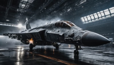 signature,military,no humans,helmet,flying,science fiction,realistic,aircraft,military vehicle,airplane,watercraft,vehicle focus,ship,spacecraft,lights,jet,fighter jet,water,fire,reflection,rain,missile