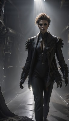 1girl,solo,breasts,looking at viewer,short hair,blonde hair,brown hair,shirt,gloves,long sleeves,cleavage,brown eyes,jewelry,medium breasts,closed mouth,standing,jacket,open clothes,necktie,black gloves,belt,pants,artist name,dark skin,necklace,dark-skinned female,black jacket,fur trim,black shirt,black pants,formal,sunlight,suit,walking,light rays,arms at sides,feather trim,pant suit,black lips,black hair,lips,coat,backlighting,very short hair,very dark skin,alley