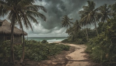 outdoors,sky,day,cloud,water,tree,no humans,ocean,beach,cloudy sky,plant,building,nature,scenery,sand,palm tree,horizon,house,shore,forest,bush,island