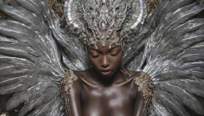 1girl,solo,breasts,cleavage,medium breasts,closed mouth,collarbone,closed eyes,upper body,nude,wings,dark skin,dark-skinned female,lips,eyelashes,feathers,feathered wings,facing viewer,angel wings,angel,horns,shiny,realistic