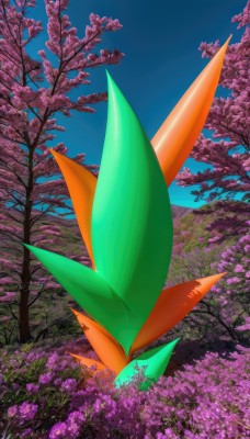 solo,flower,outdoors,sky,day,cloud,signature,tree,blue sky,pokemon (creature),no humans,cherry blossoms,nature,scenery,pink flower,forest