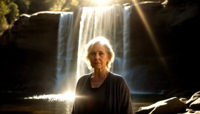 HQ,1girl,solo,looking at viewer,blonde hair,shirt,1boy,upper body,white hair,male focus,outdoors,water,tree,lips,facial hair,sunlight,beard,robe,light rays,rock,realistic,sunbeam,old,old man,waterfall,cliff,old woman,short hair,closed mouth,day,nature,scenery,river,wrinkled skin